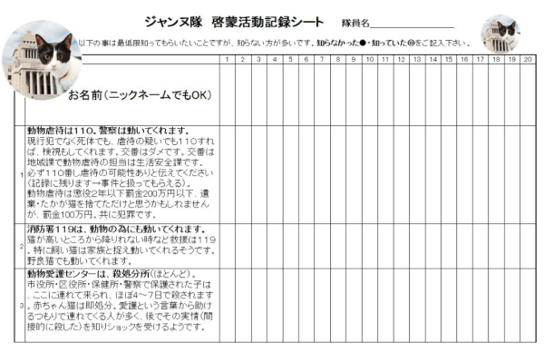 KIT⑨「ジャンヌ隊 啓蒙活動記録シート 3問編 」10枚 (20名×10枚=200人)